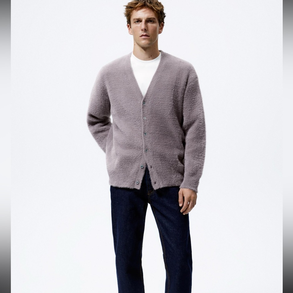 Zara men’s soft textured cardigan dusty mauve sz L NWT - Picture 2 of 10